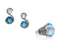 A Collection of 14 Karat White Gold, Blue Topaz and Diamond Jewelry, Le Vian,