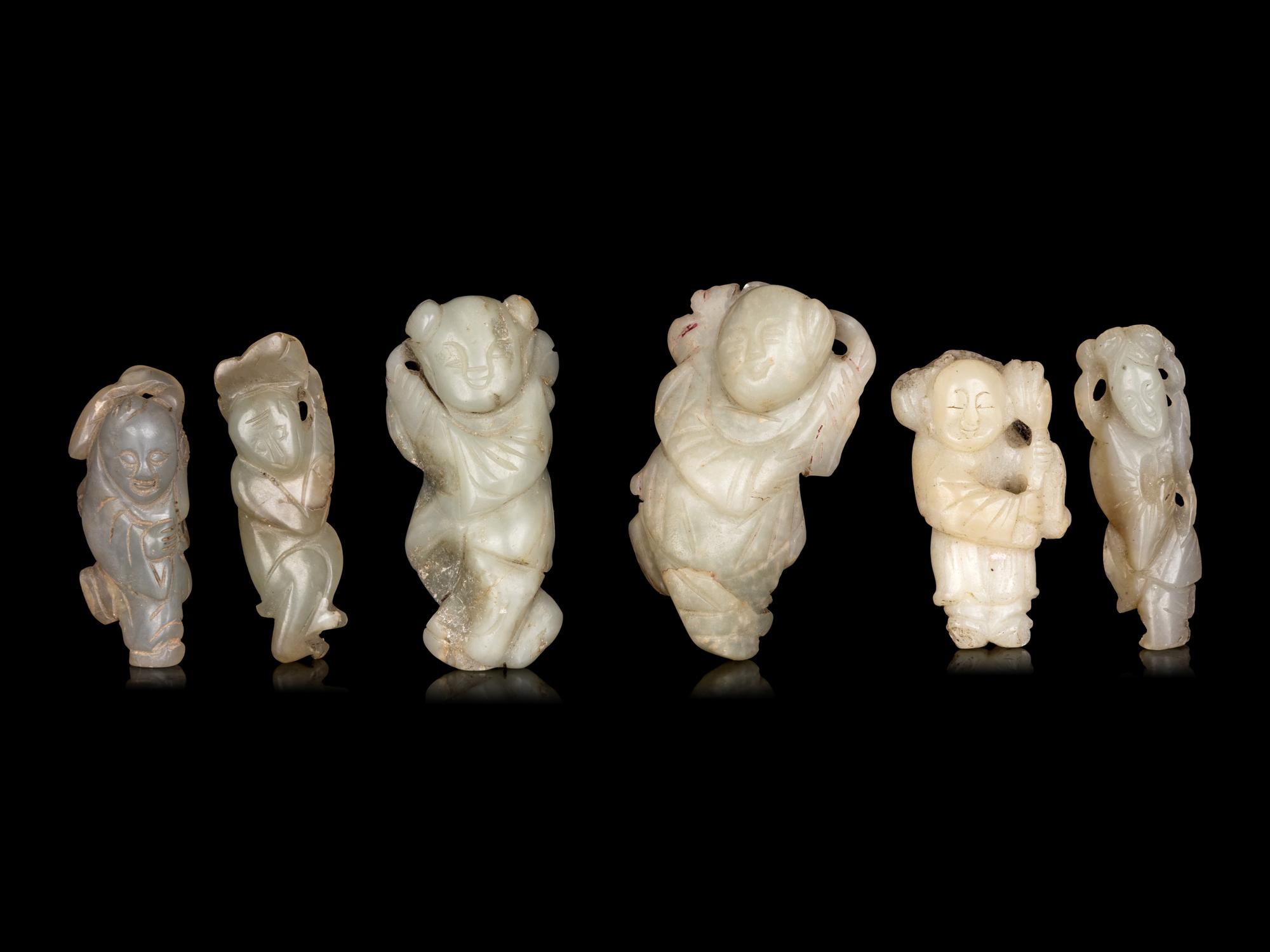Six Chinese Celadon Jade Carvings of Boys