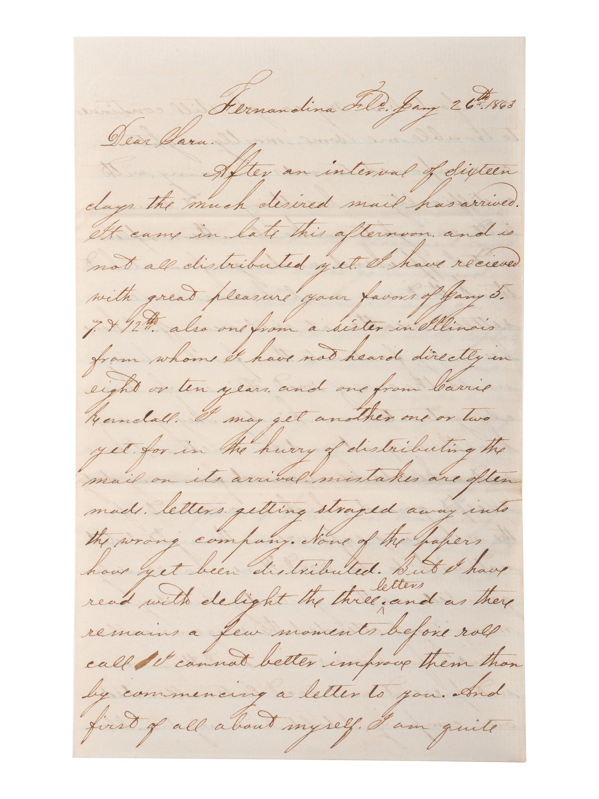 [CIVIL WAR]. War-date letters of Corporal Edwin J. Barden, 7th Regiment Connecticut Volunteer Infantry, combat soldier and later clerk at Headquarters Department of the South, Headquarters X Corps, and Headquarters US Army, Office of Chief Commissary.