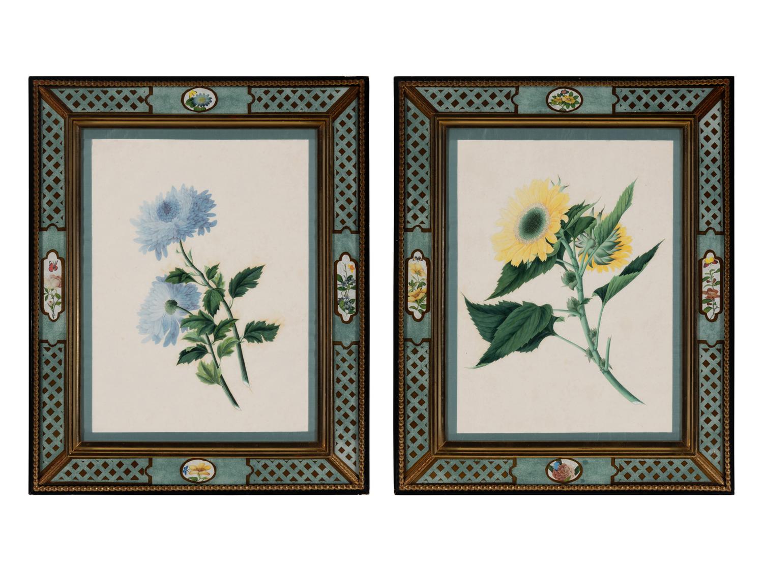A Pair of Botanical Watercolor Illustrations in Reverse-Painted Glass Frames