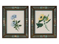 A Pair of Botanical Watercolor Illustrations in Reverse-Painted Glass Frames