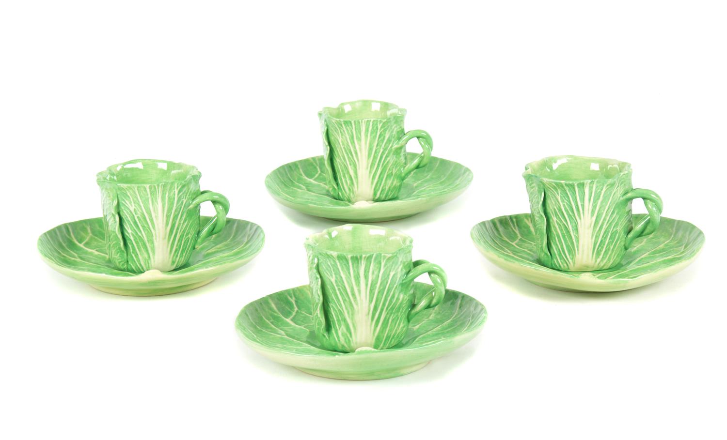 A Set of Four Dodie Thayer Lettuce Ware Cups and Saucers Height of cup 2 3/4 inches.