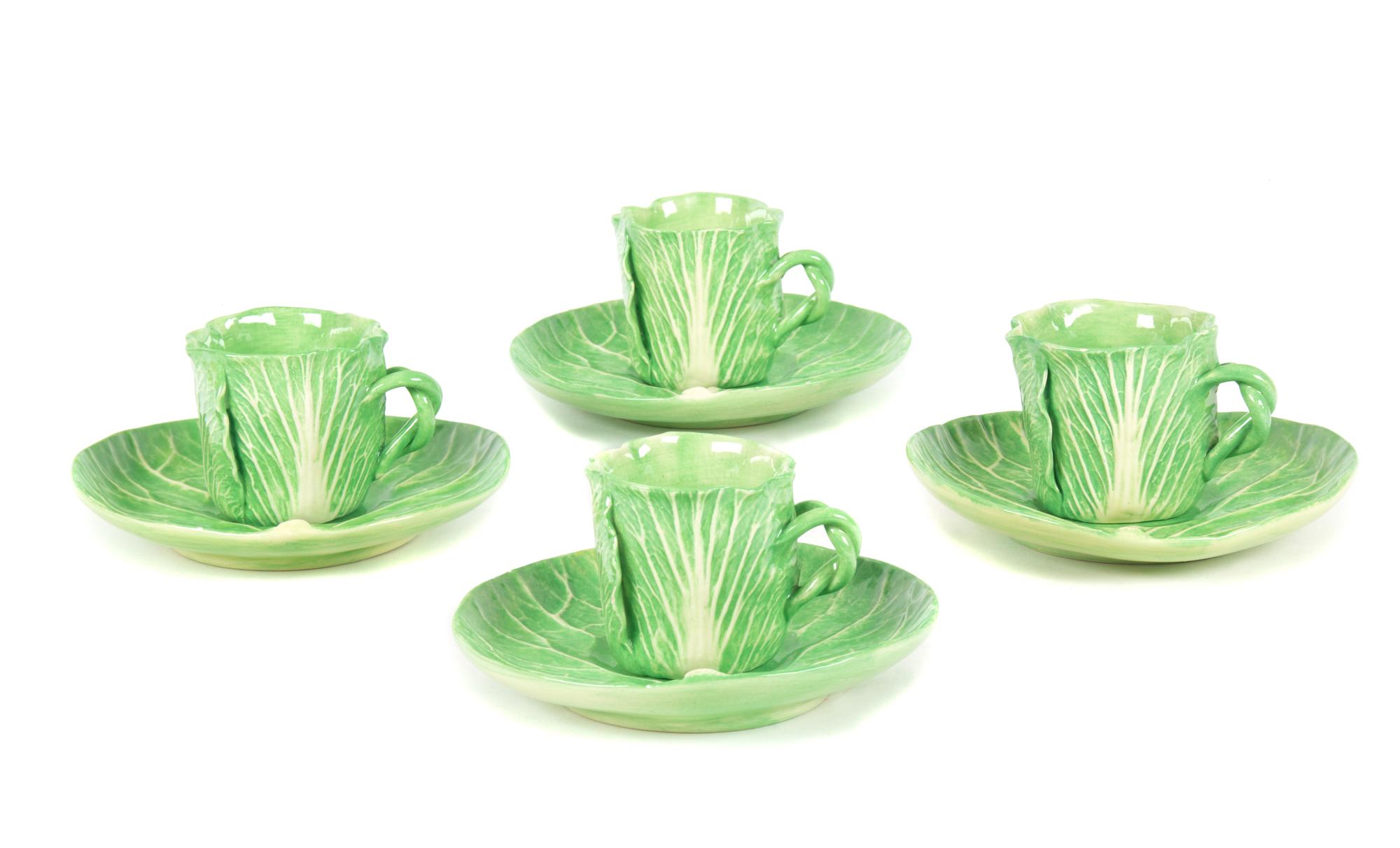 A Set of Four Dodie Thayer Lettuce Ware Cups and Saucers Height of cup 2 3/4 inches.