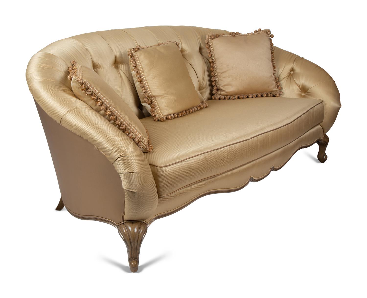 A Contemporary French Provincial Style Gold Silk and Cotton Upholstered Couch — 20TH CENTURY
