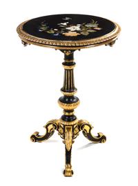 An Italian Ebonized and Parcel Gilt Pietra Dura Occasional Table, H. Bosi, Height 31 x diameter 22 inches.