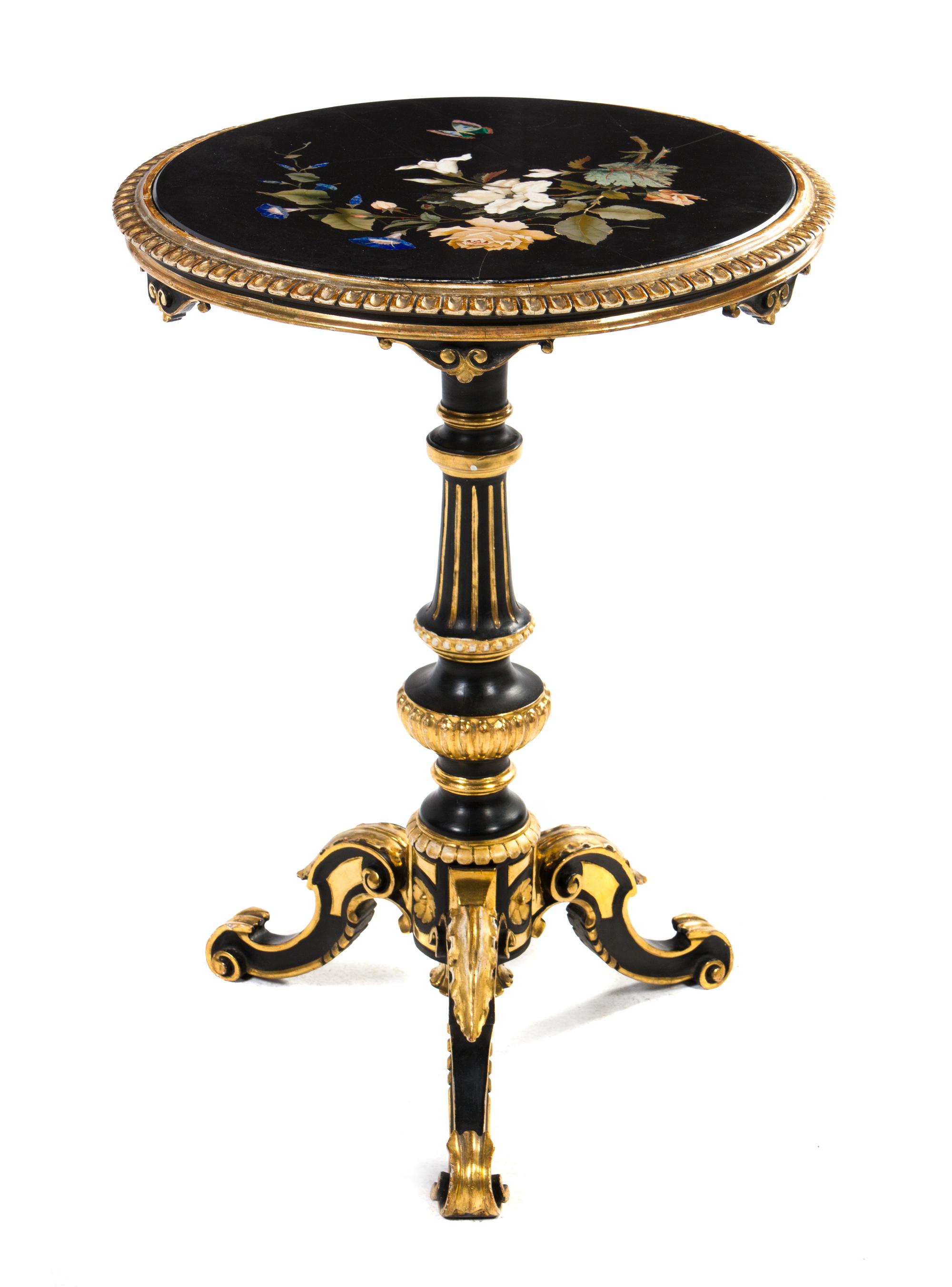 An Italian Ebonized and Parcel Gilt Pietra Dura Occasional Table, H. Bosi, Height 31 x diameter 22 inches.