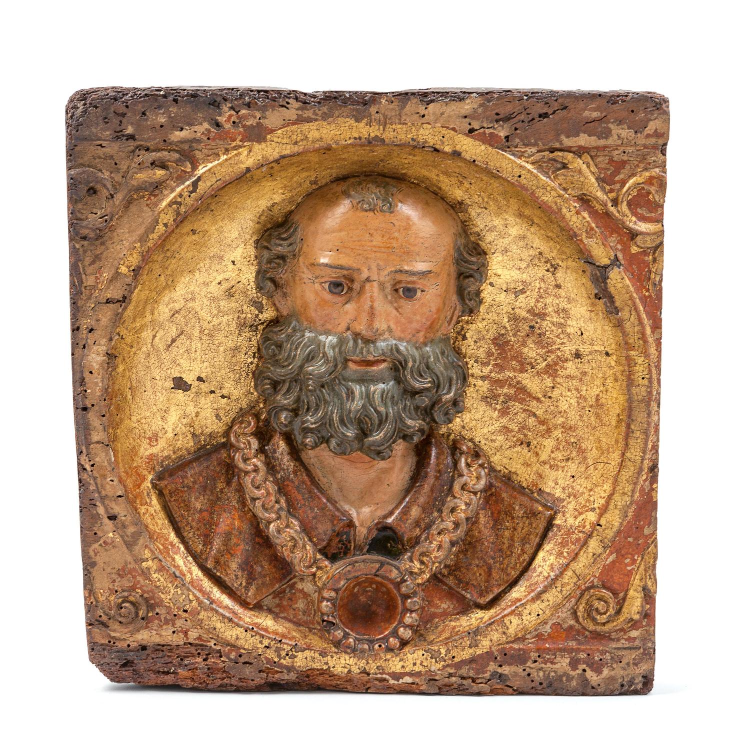A Continental Painted and Gilt Cabinet Panel in an Acrylic Frame