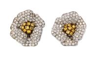 A Pair of 18 Karat Two Tone Gold, Colored Diamond and Diamond Flower Earclips, 23.80 dwts.