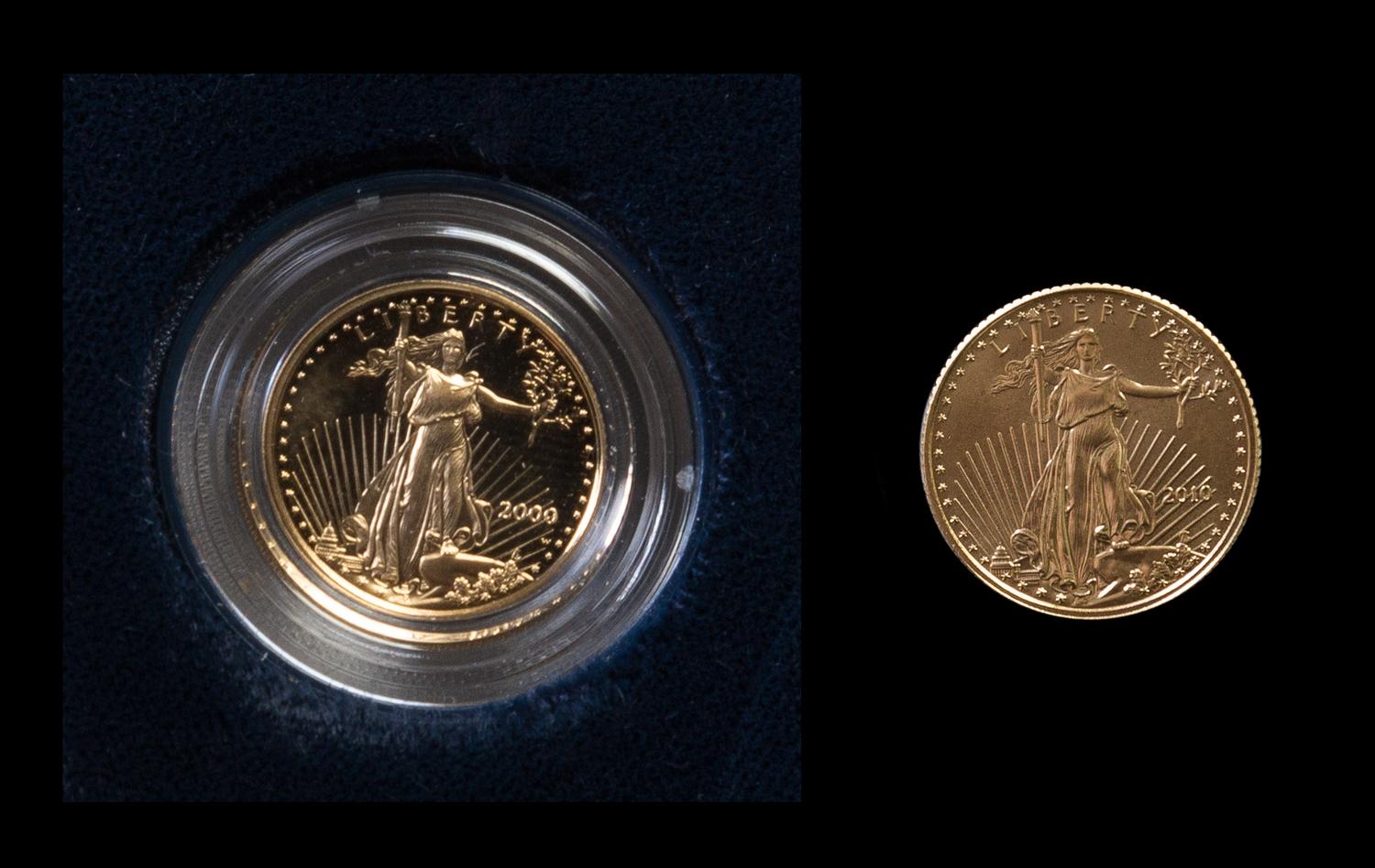 Two United States Mint 1/10 Ounce Gold Eagle Rounds — 2000 & 2010