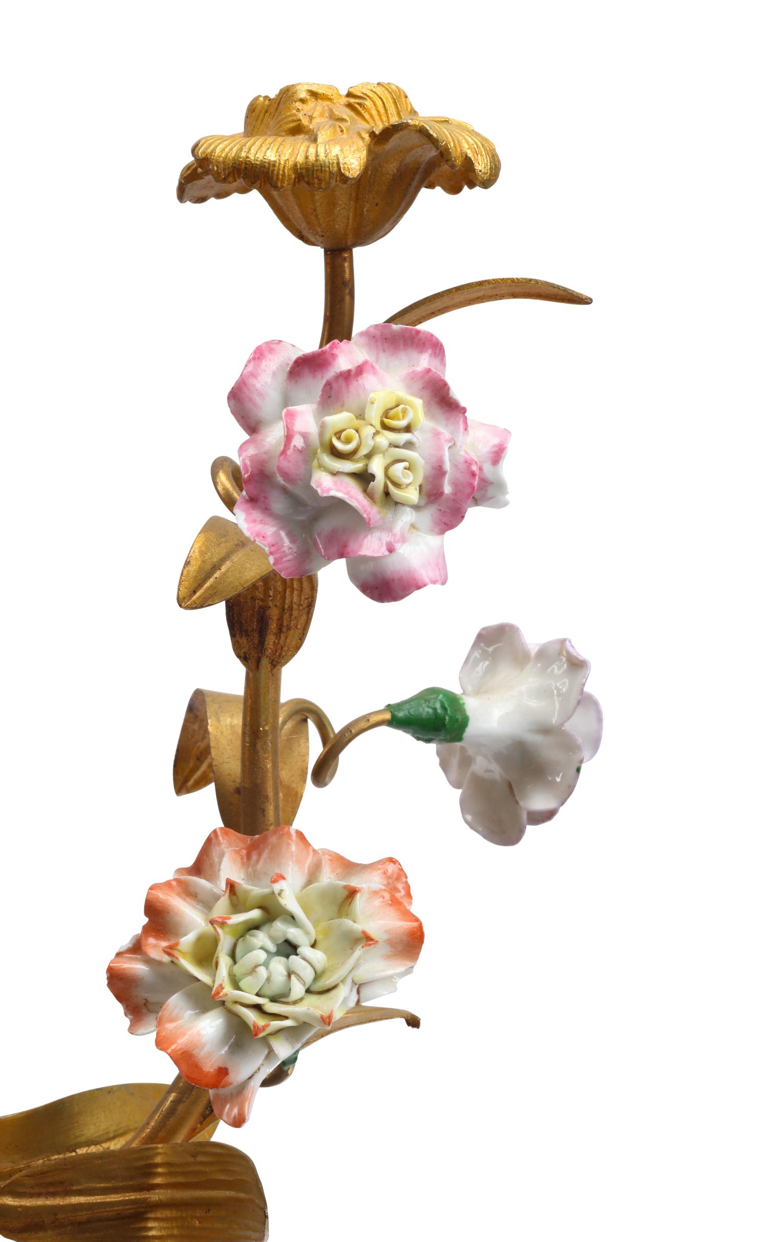 A Pair of Porcelain and Gilt Metal Four-Light Candelabra