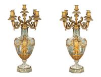 A Pair of Louis XV Style Gilt Bronze and Marble Five-Light Candelabra