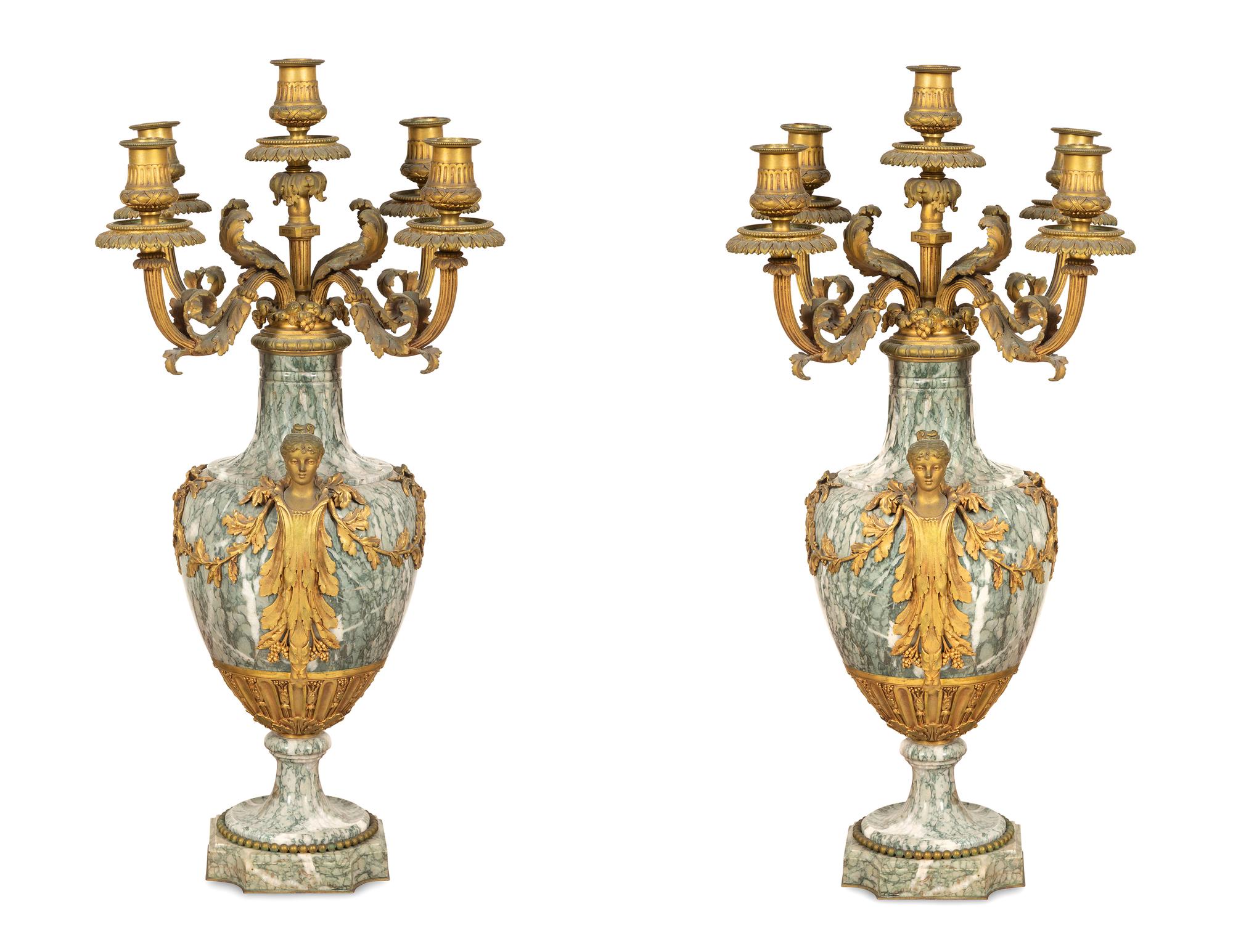 A Pair of Louis XV Style Gilt Bronze and Marble Five-Light Candelabra