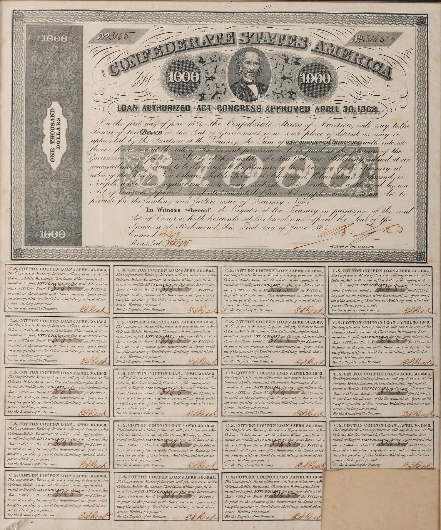 [CIVIL WAR]. A group of 11 Confederate bonds, incl. $500 and $1000 examples.