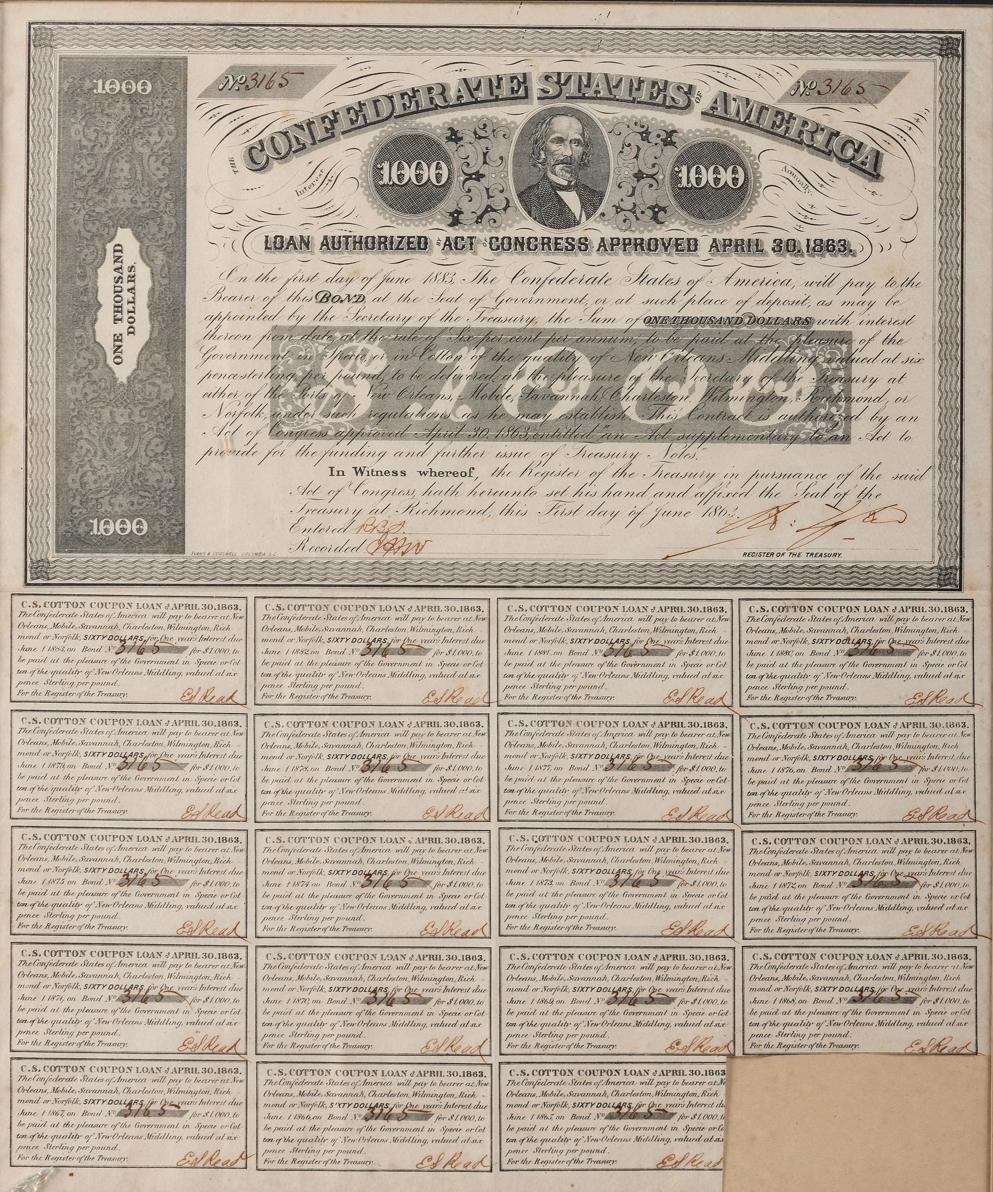 [CIVIL WAR]. A group of 11 Confederate bonds, incl. $500 and $1000 examples.