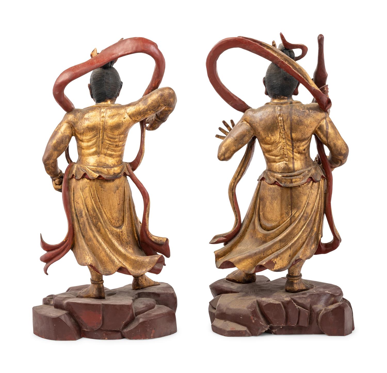A Pair of Chinese Gilt Lacquered Wood Figures of Guardians