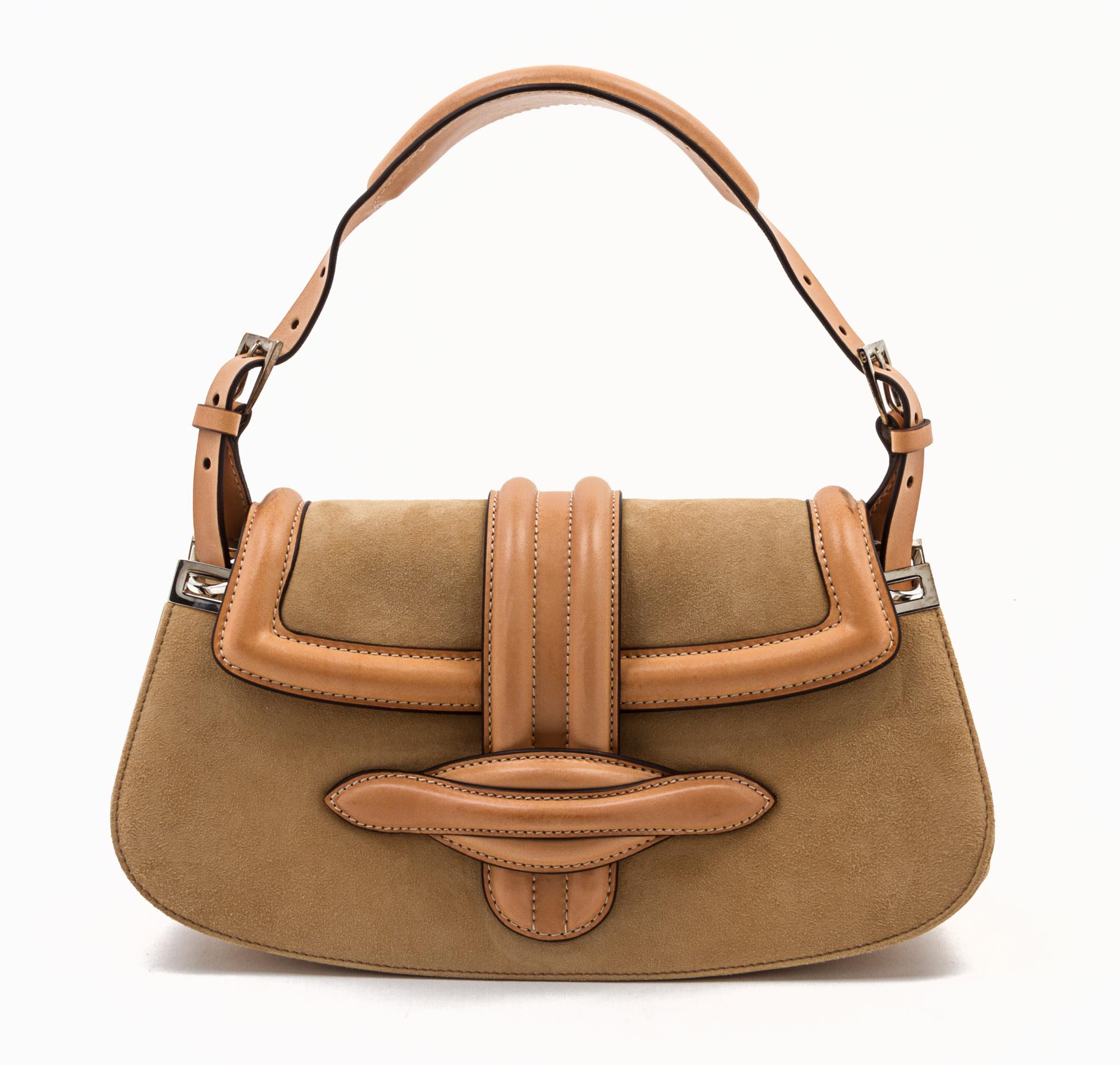 A Christian Dior Tan Suede and Leather Bag, 11 x 4 1/2 x 3 inches.