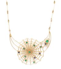 An 18 Karat Yellow Gold, Emerald and Sapphire Spider Web Necklace, 14.10 dwts.