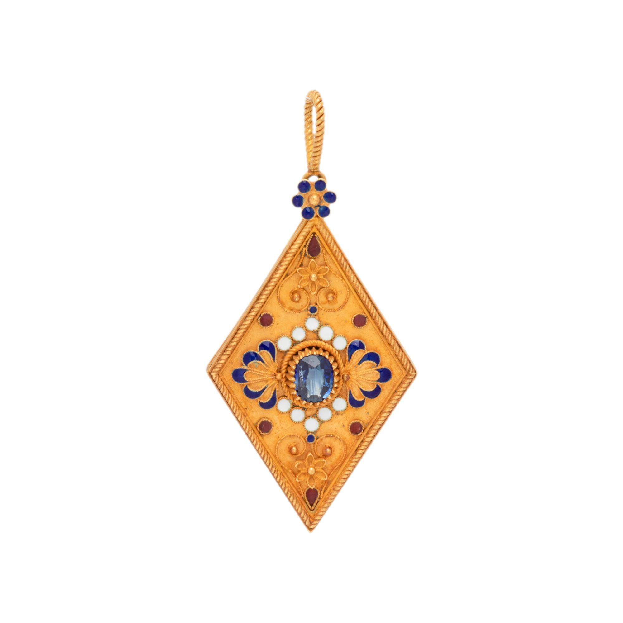 YELLOW GOLD, SAPPHIRE AND ENAMEL PENDANT