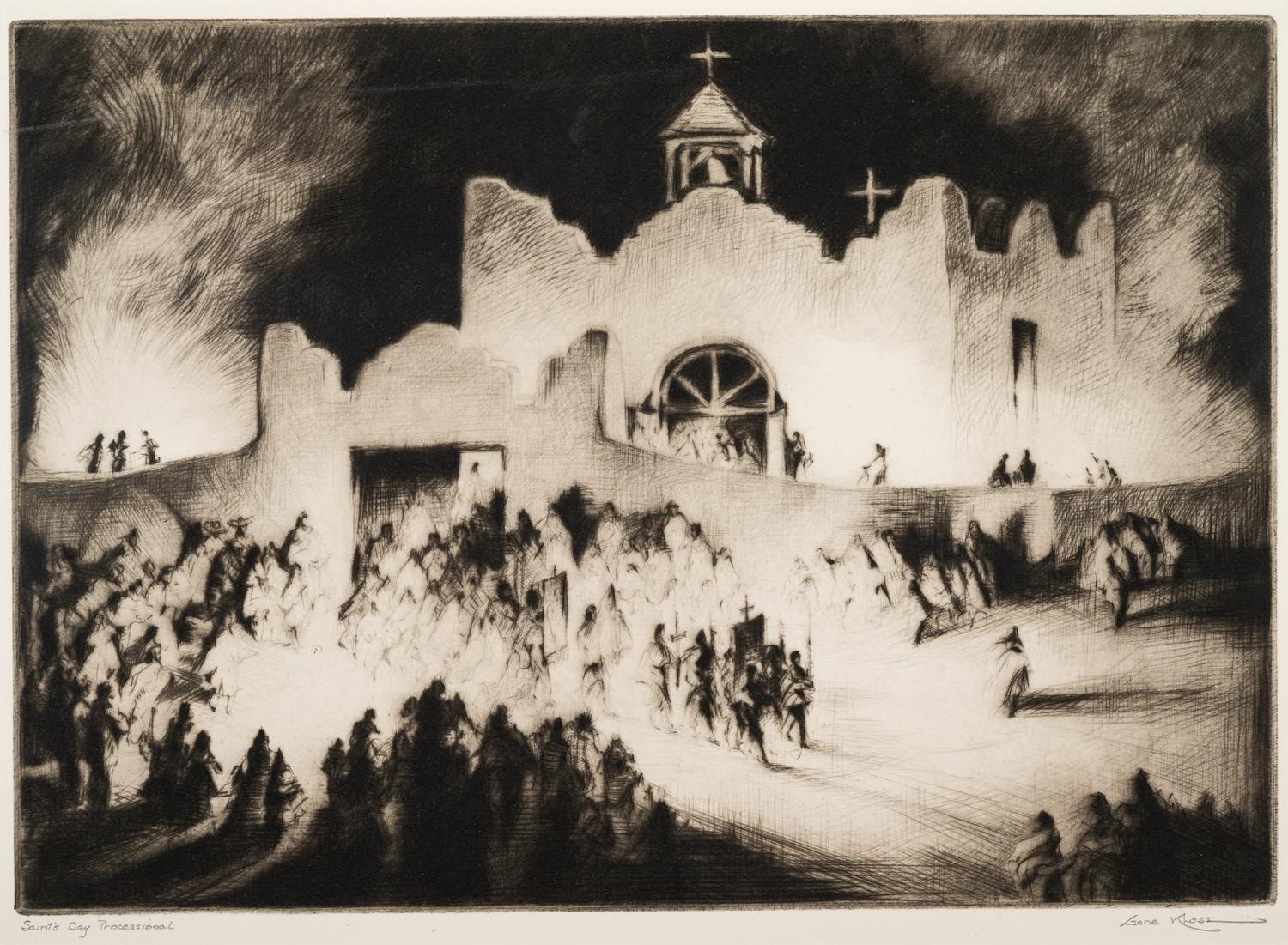 A group of three prints ( Corn Husking - Taos Pueblo; Saint's Day Processional; Gift Bearing at Dawn)