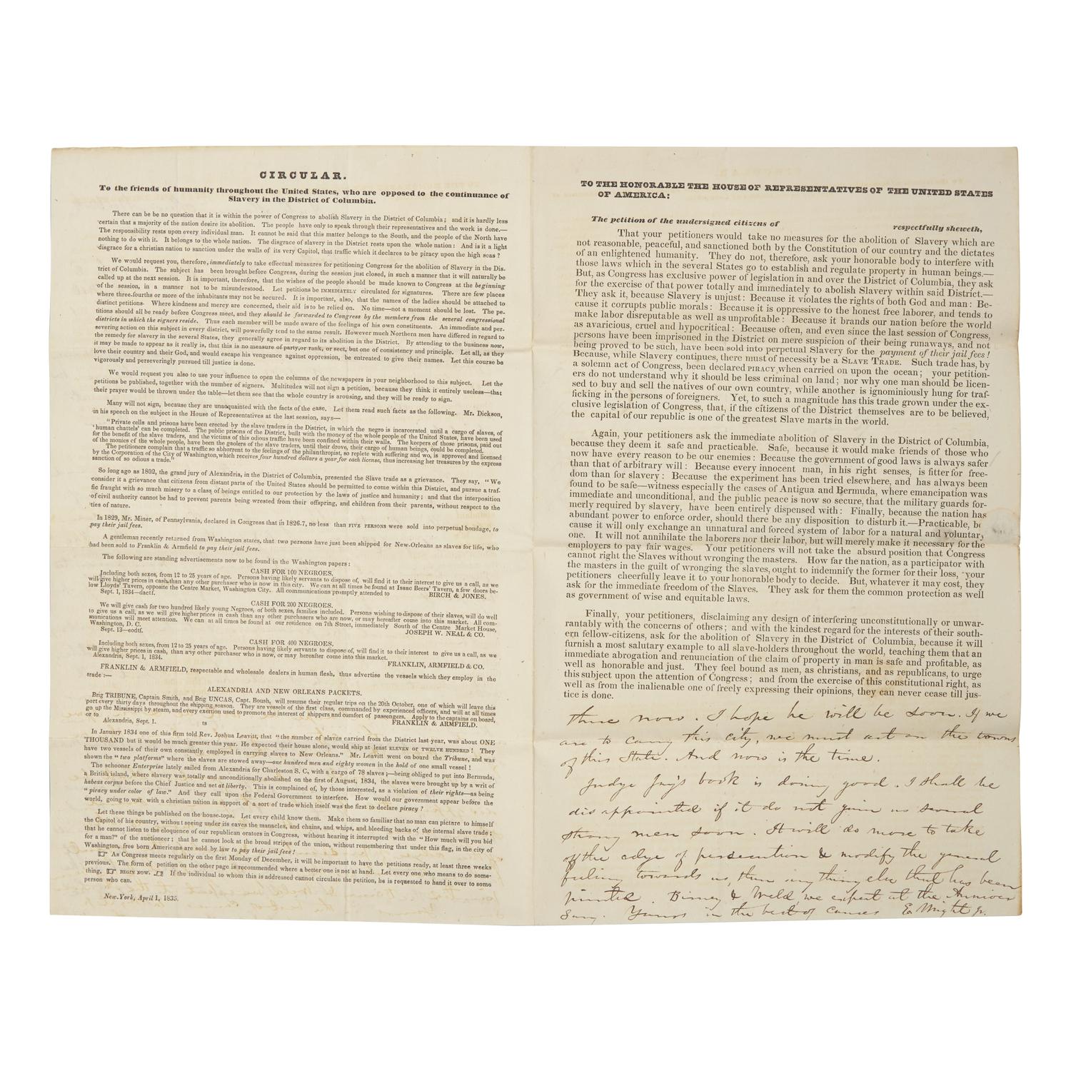 [African-Americana] Wright, Elizur, Jr. Autograph Letter, signed, on a Printed Circular Regarding the Abolition of Slavery in Washington, D.C.