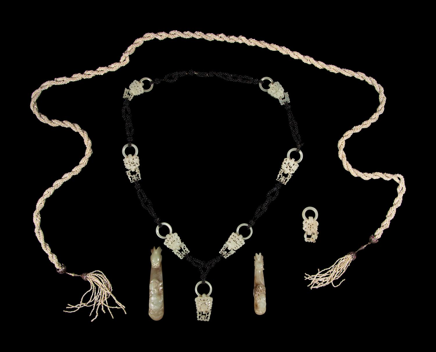 Four Chinese Carved Jade Jewelry and One Seed Pearl Tassel