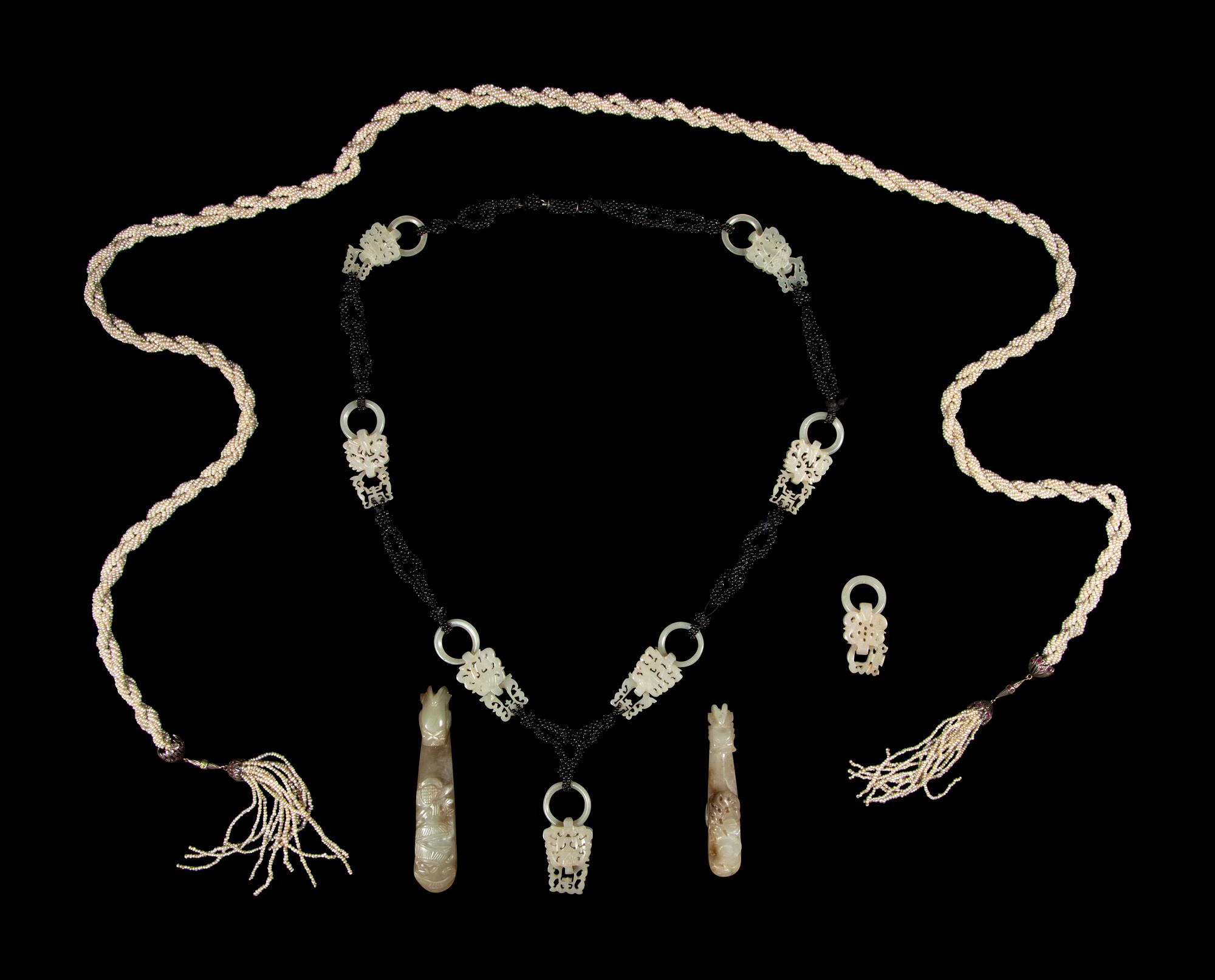 Four Chinese Carved Jade Jewelry and One Seed Pearl Tassel