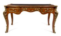 A Louis XV Style Gilt Metal Mounted Burlwood Bureau Plat, Height 31 3/4 x width 59 1/2 x depth 32 1/2 inches.