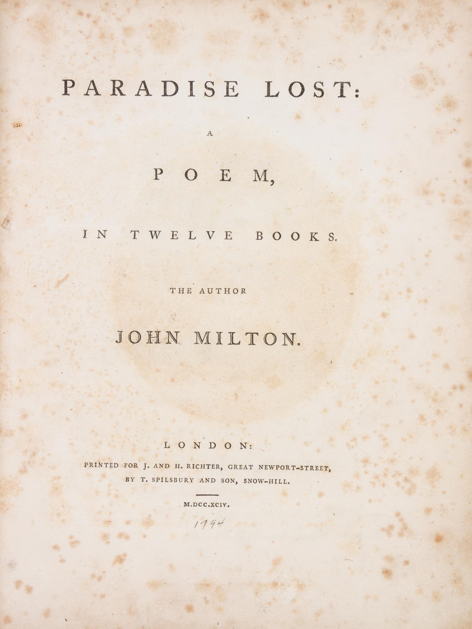 MILTON, JOHN. Paradise Lost: A Poem, in Twelve Books. London, 1794. 2 vols. With 12 plates.