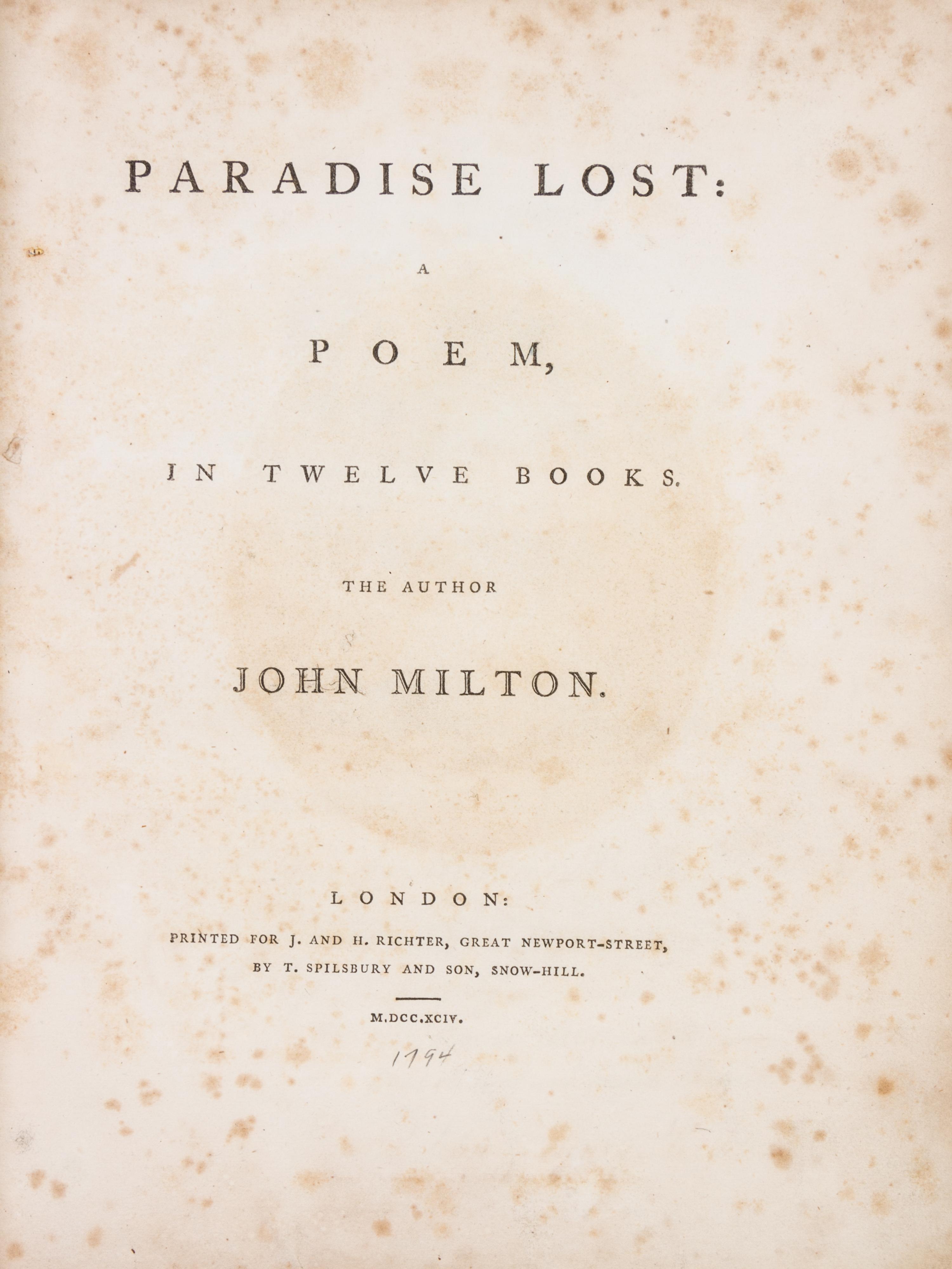 MILTON, JOHN. Paradise Lost: A Poem, in Twelve Books. London, 1794. 2 vols. With 12 plates.