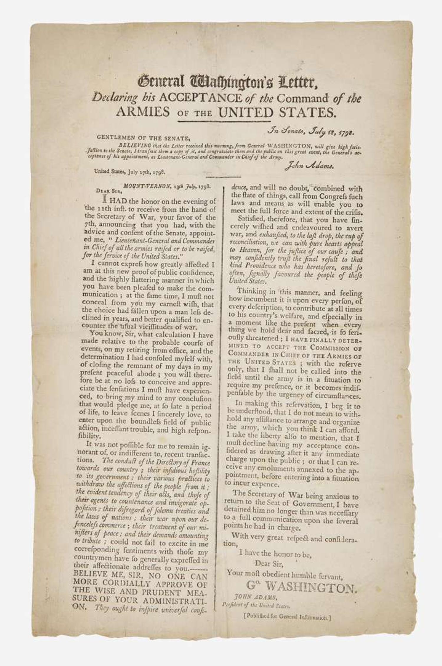 [Presidential] [Washington, George]: General Washington's Letter, Declaring his Acceptance of the Command of the Armies of the United States