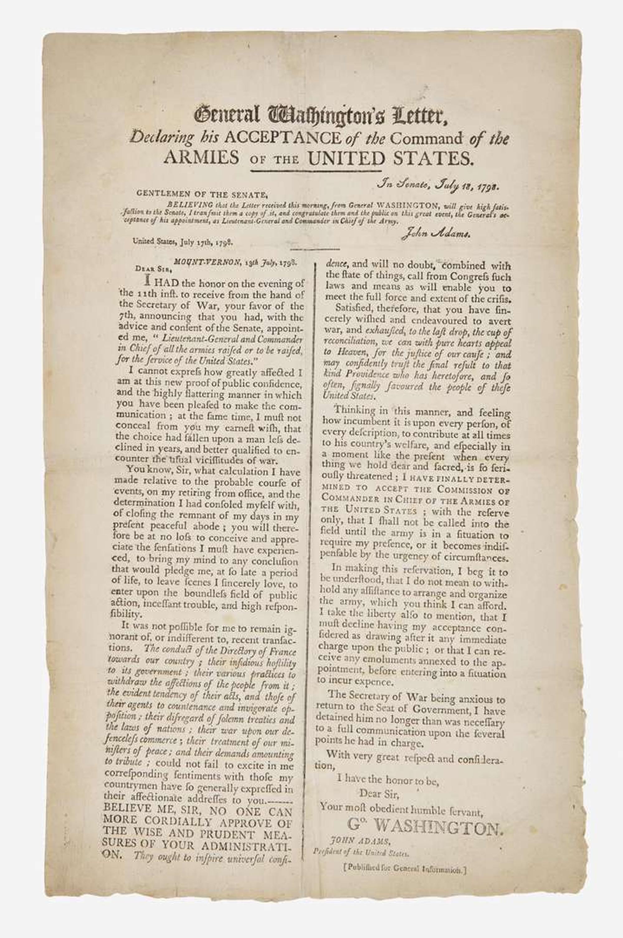[Presidential] [Washington, George]: General Washington's Letter, Declaring his Acceptance of the Command of the Armies of the United States