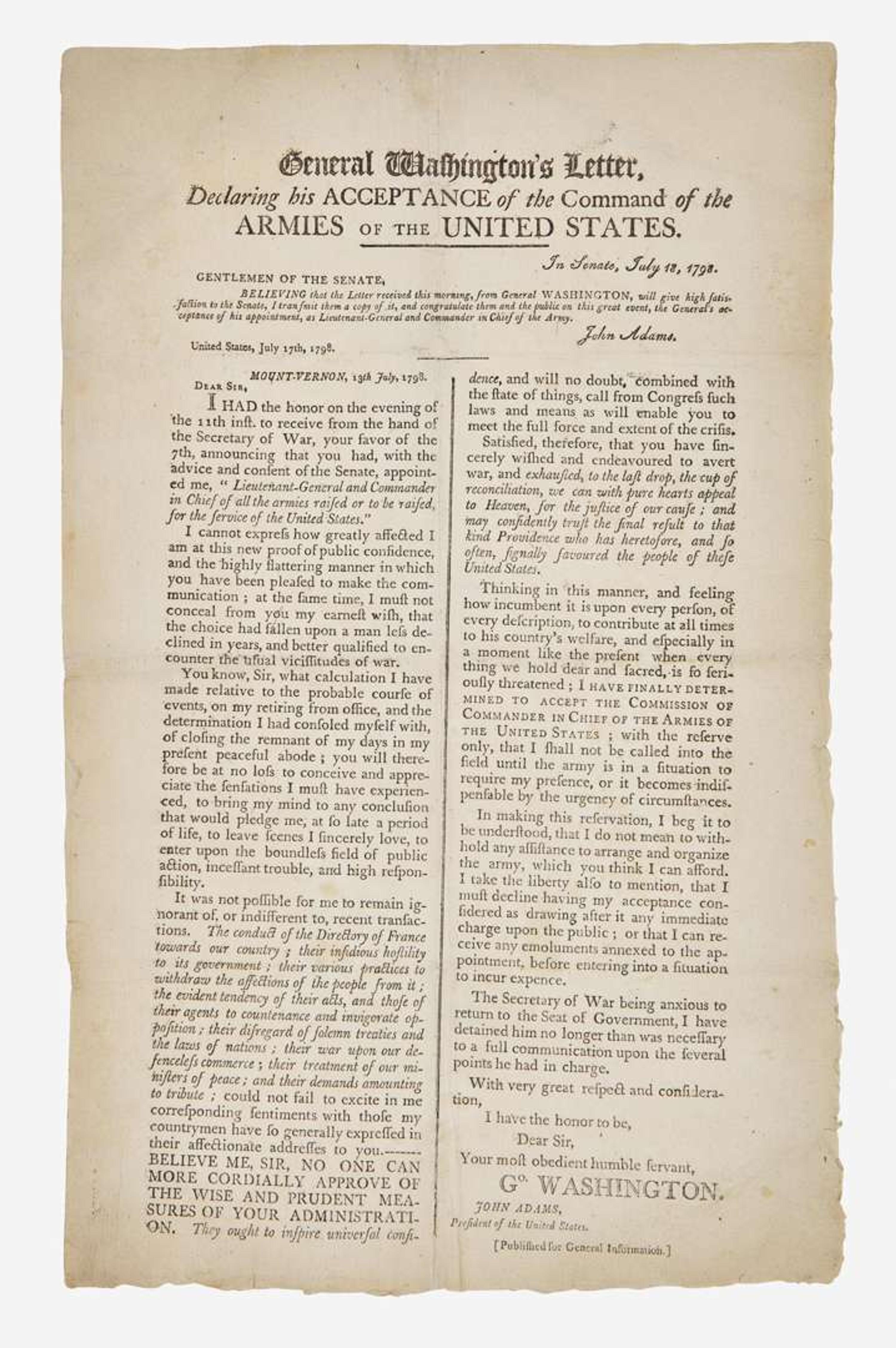 [Presidential] [Washington, George]: General Washington's Letter, Declaring his Acceptance of the Command of the Armies of the United States