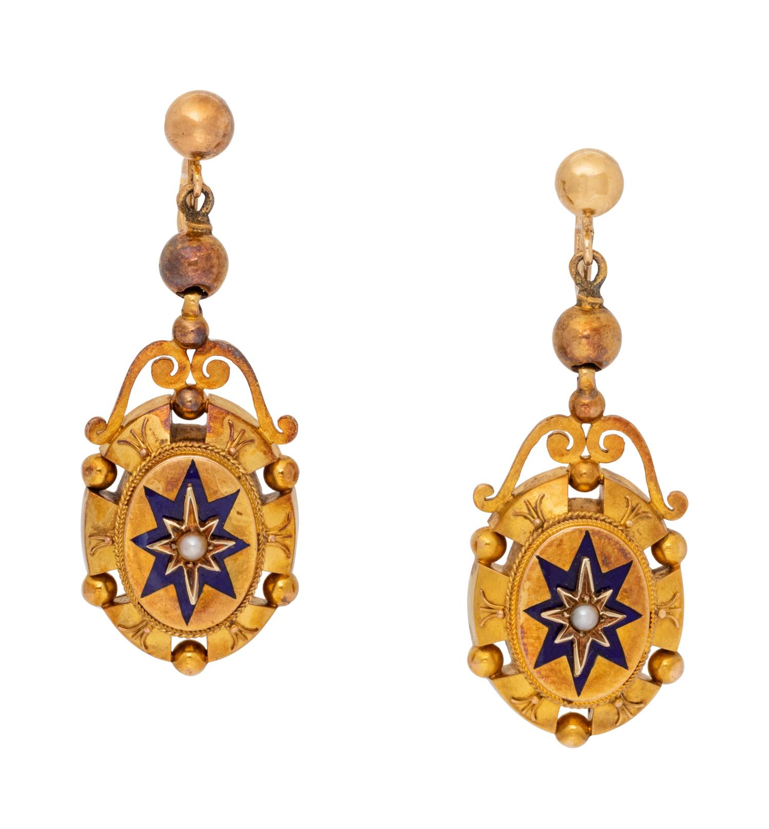A Pair of Antique Yellow Gold, Enamel, and Seed Pearl Earclips,