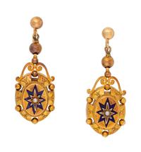 A Pair of Antique Yellow Gold, Enamel, and Seed Pearl Earclips,