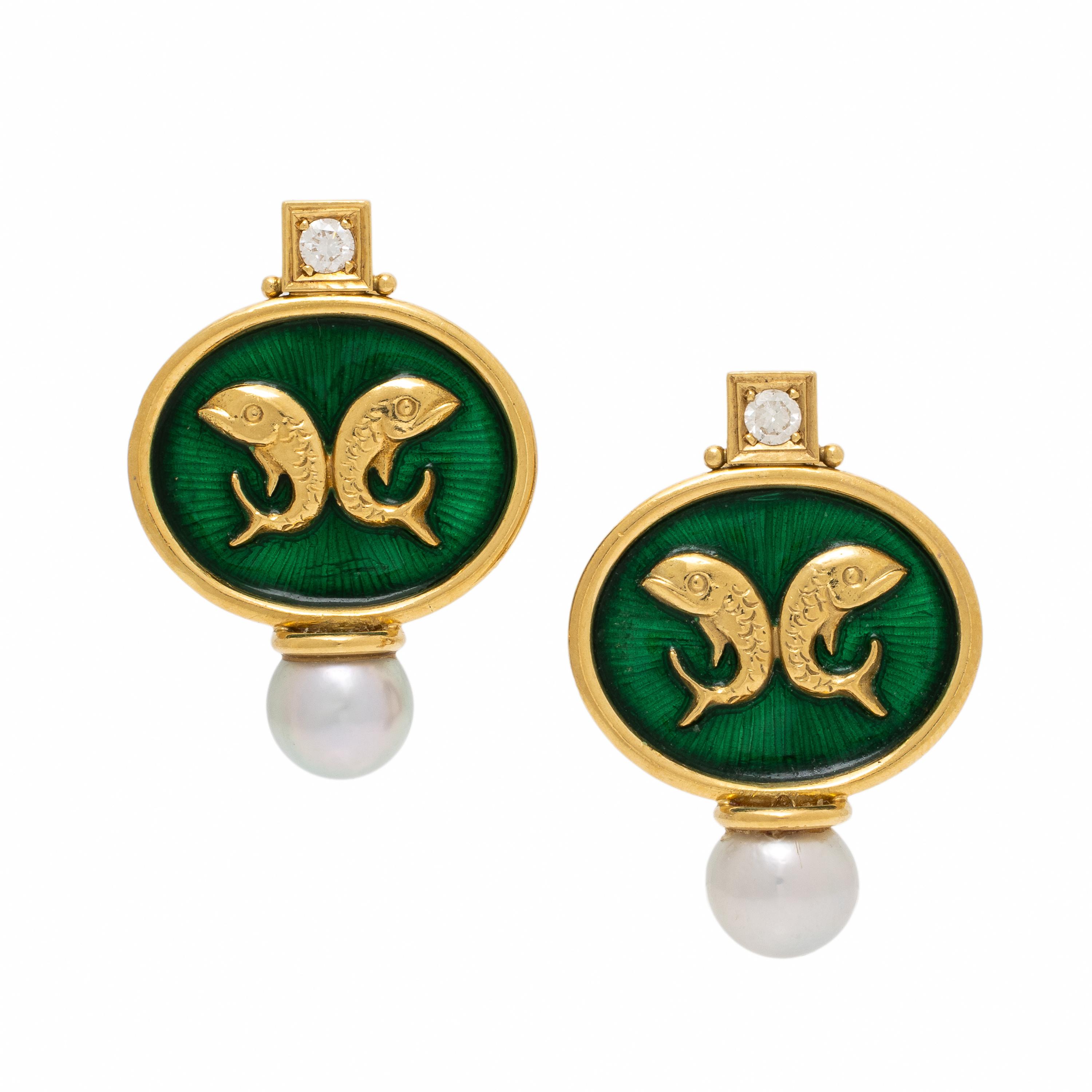 Elizabeth Gage, Enamel, Pearl, and Diamond Earrings