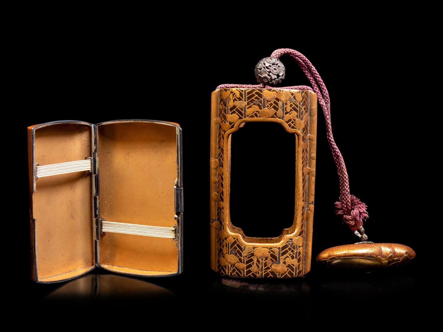 A Gold and Black Lacquer Inro Case and A Brass Cigarette Case