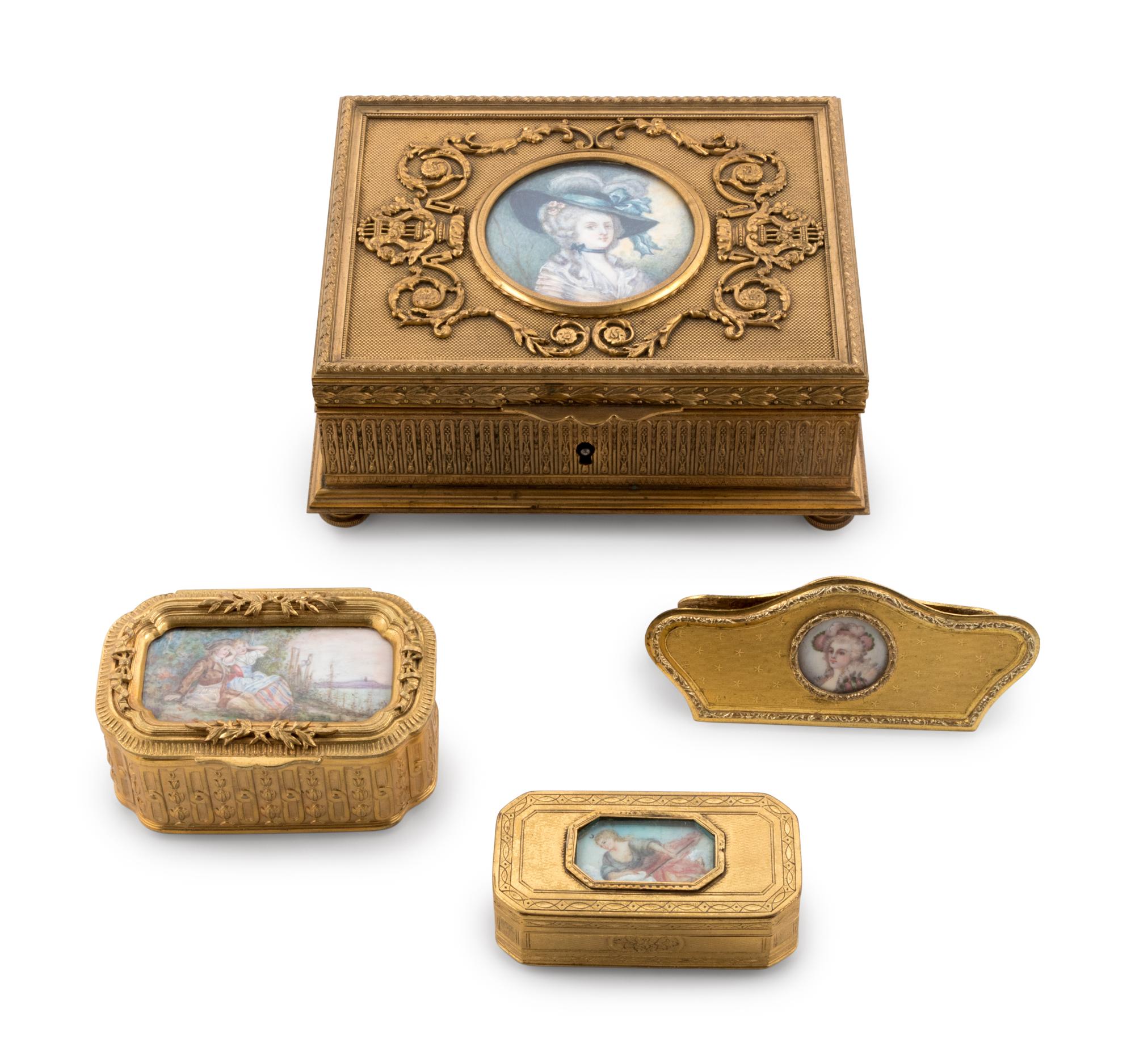 Four Continental Miniature Inset Gilt Metal Articles