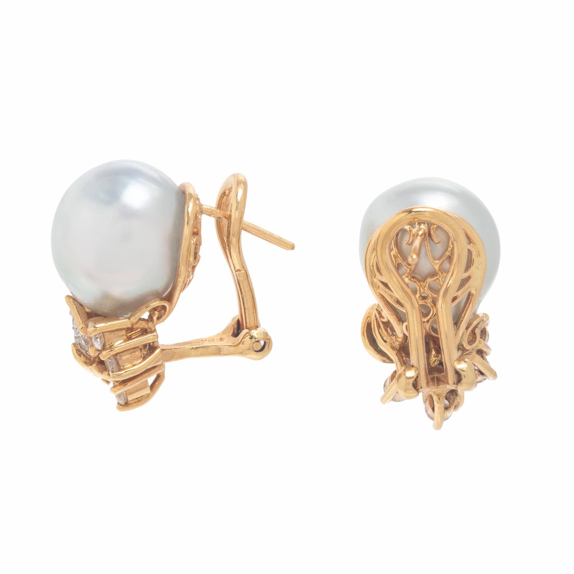 Cultured Pearl, Diamond, and Yellow Gold Earrings