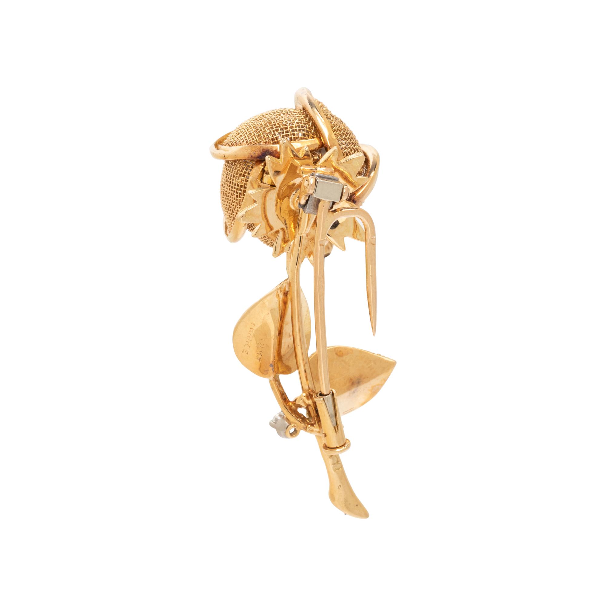 FRENCH, YELLOW GOLD, DIAMOND ARTICULATED FLOWER BROOCH