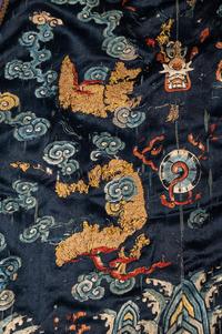 A Chinese Navy Blue Ground Embroidered Silk Court Robe, Chaofu