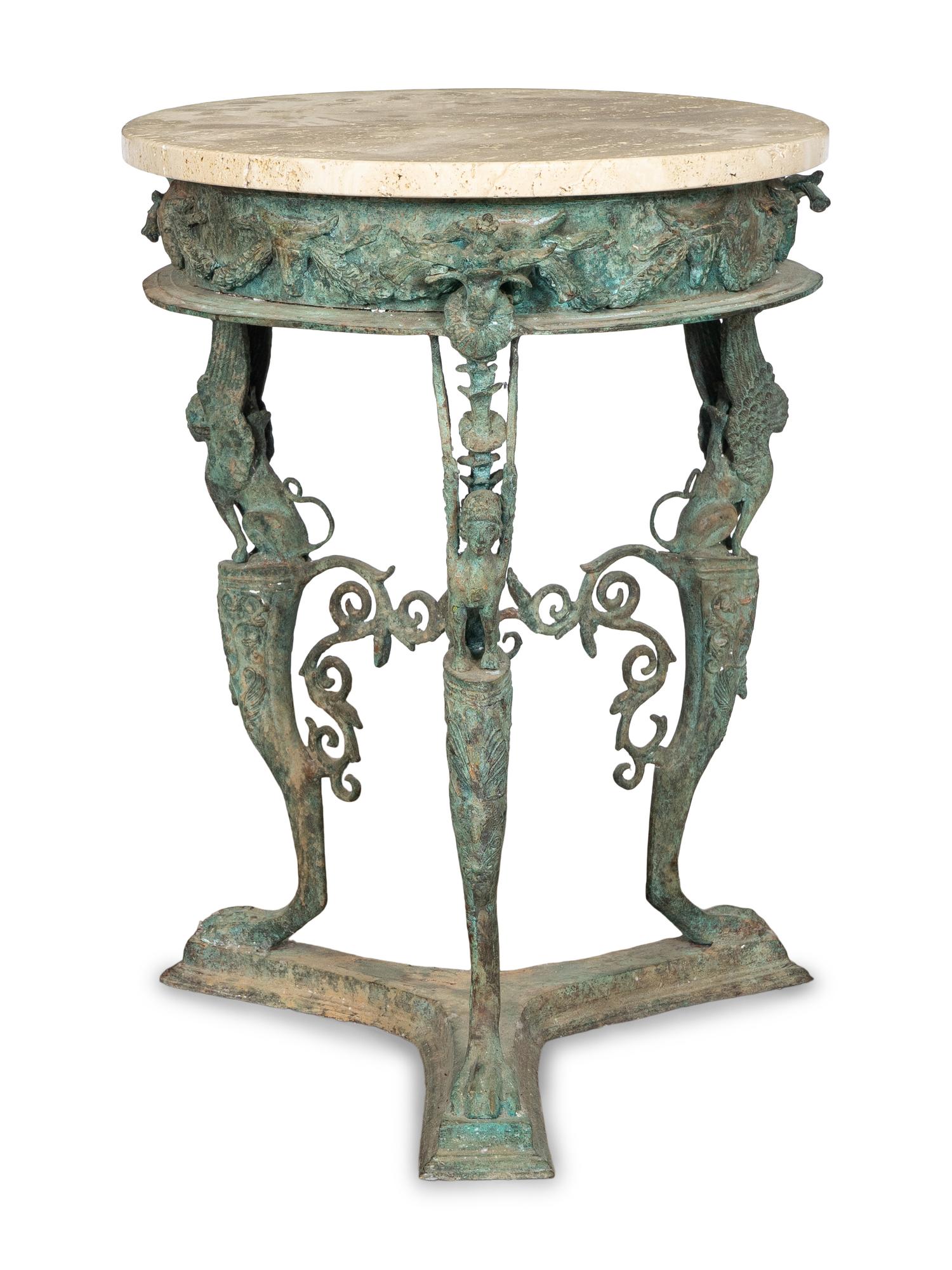 A Pair of Pompeian Temple of Isis Bronze Gueridon Tables with Travertine Tops
