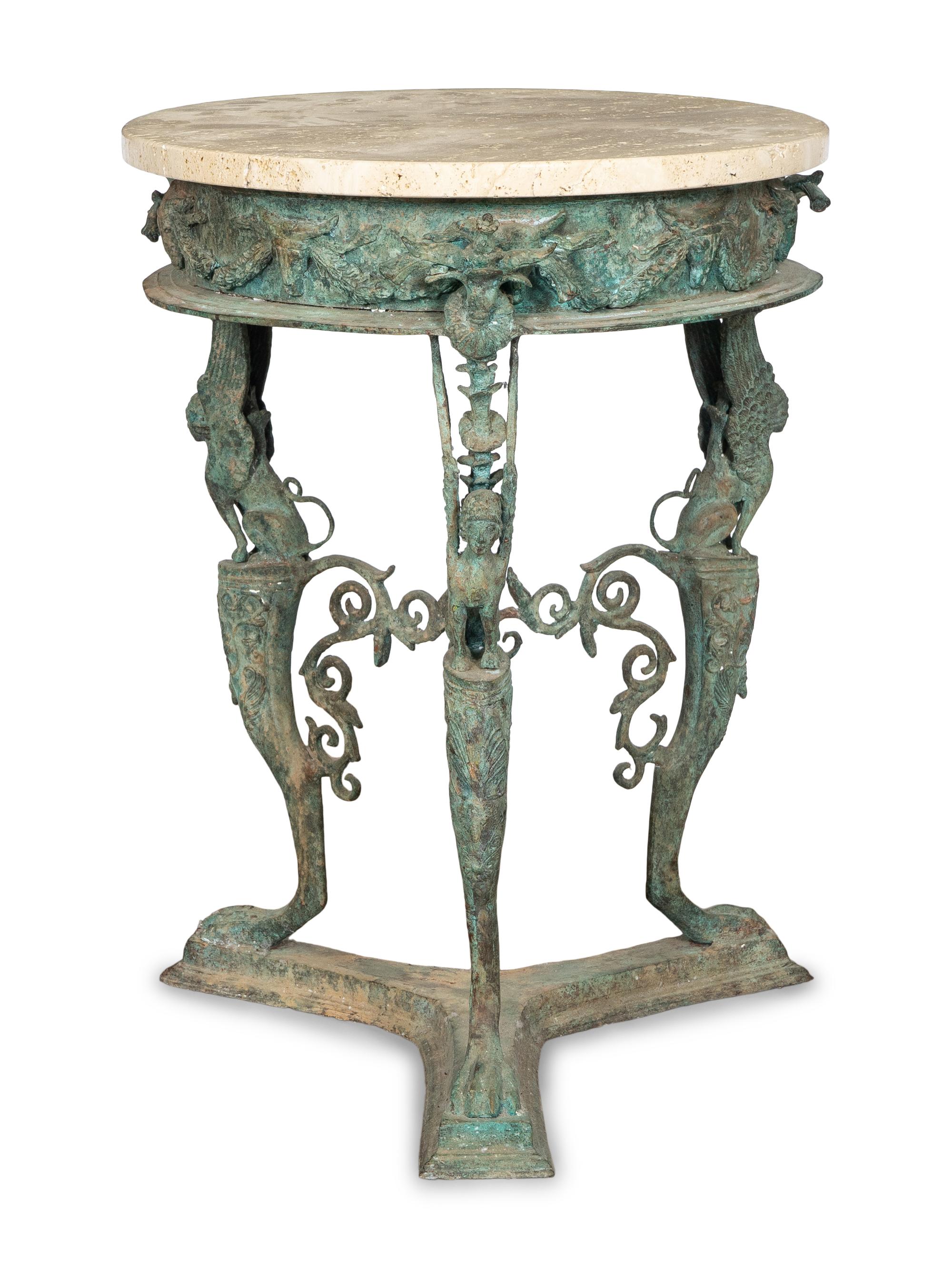 A Pair of Pompeian Temple of Isis Bronze Gueridon Tables with Travertine Tops