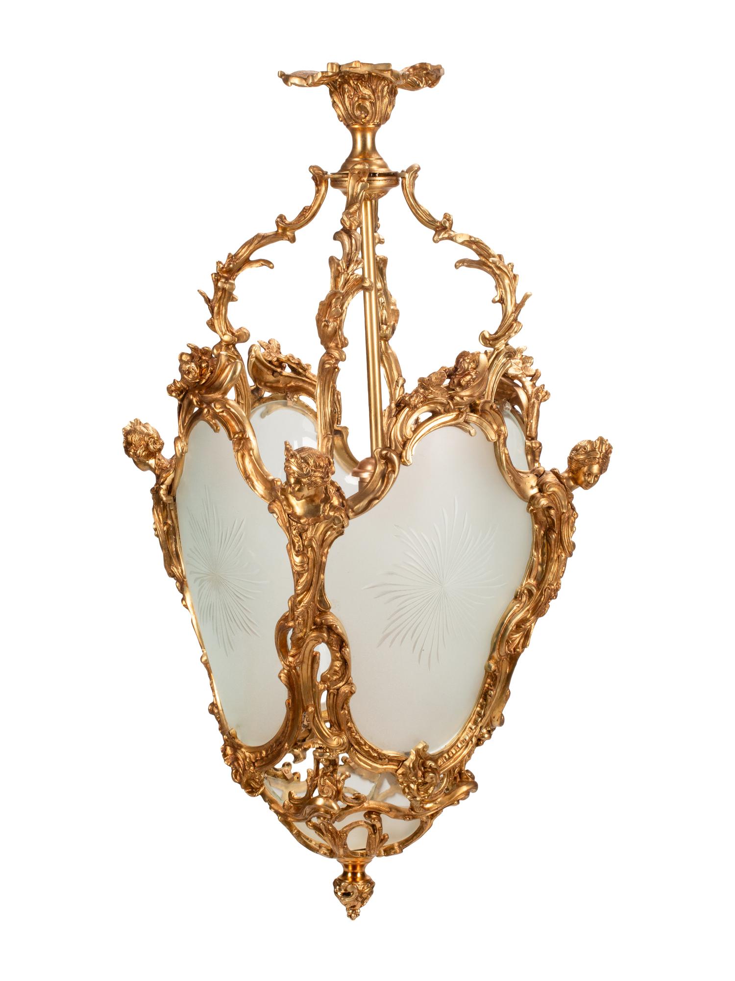 A Pair of Louis XV Style Gilt Bronze and Etched Glass Hall Lanterns