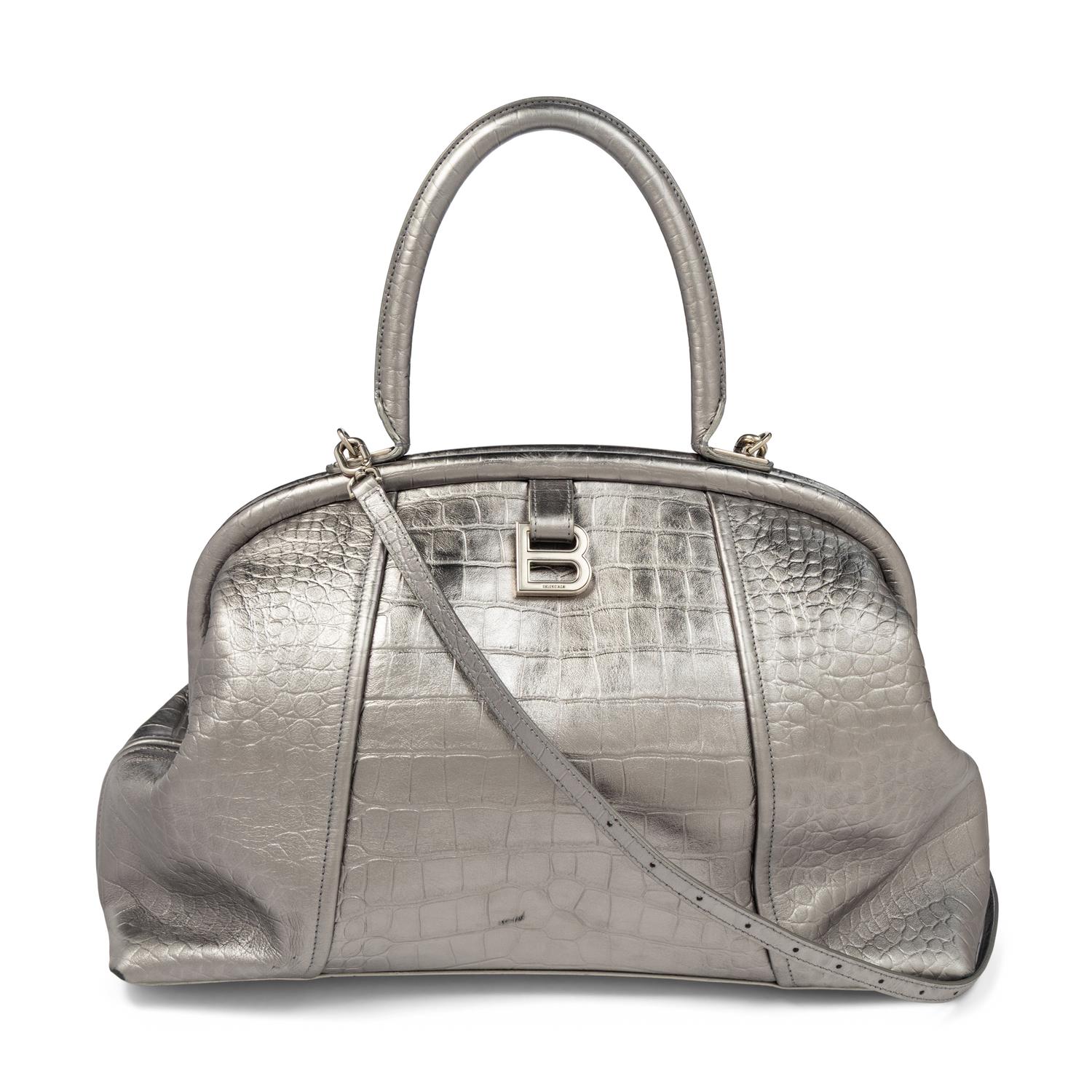 BALENCIAGA, FRAME BAG IN SILVER CROC-EMBOSSED LEATHER