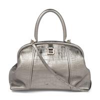 BALENCIAGA, FRAME BAG IN SILVER CROC-EMBOSSED LEATHER