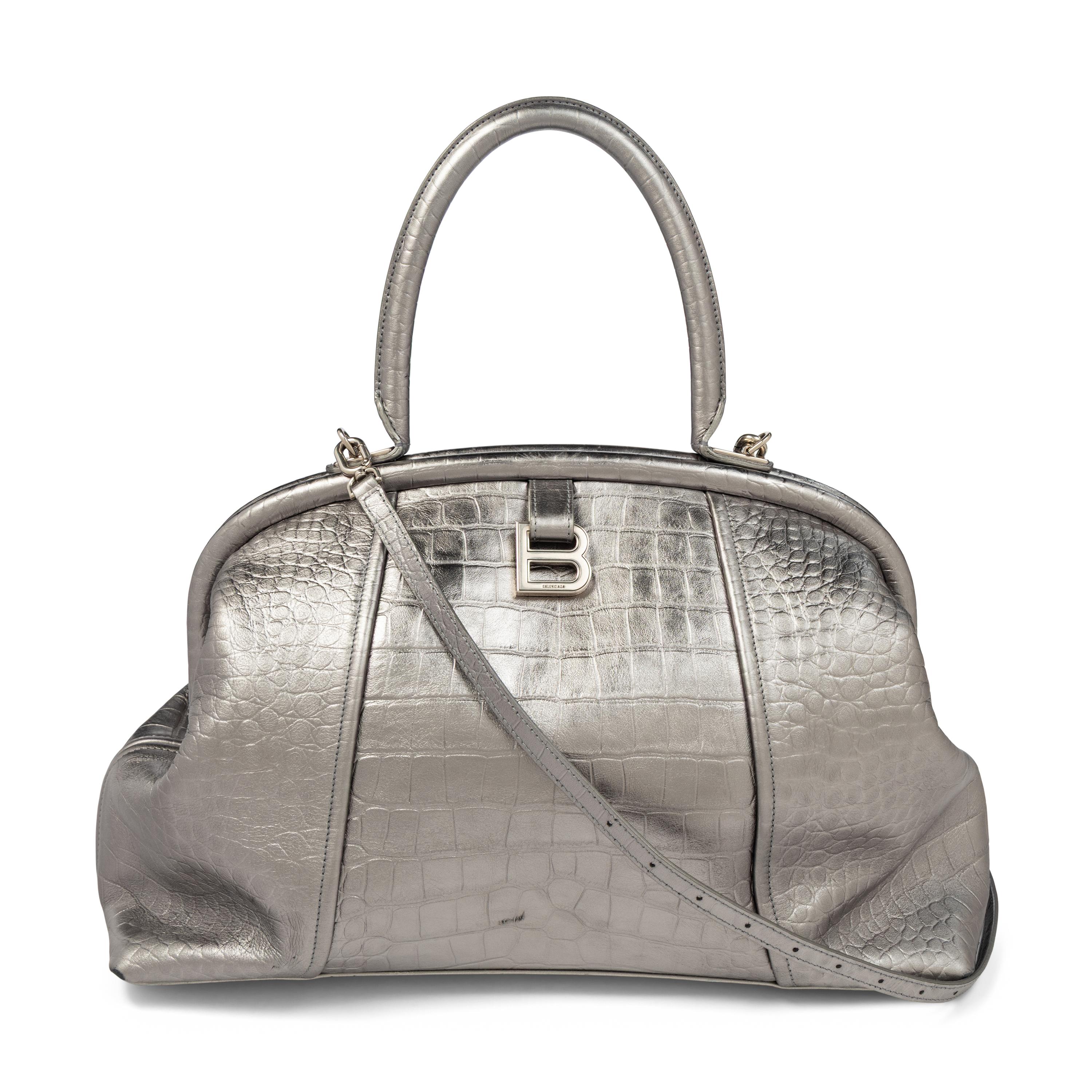 BALENCIAGA, FRAME BAG IN SILVER CROC-EMBOSSED LEATHER