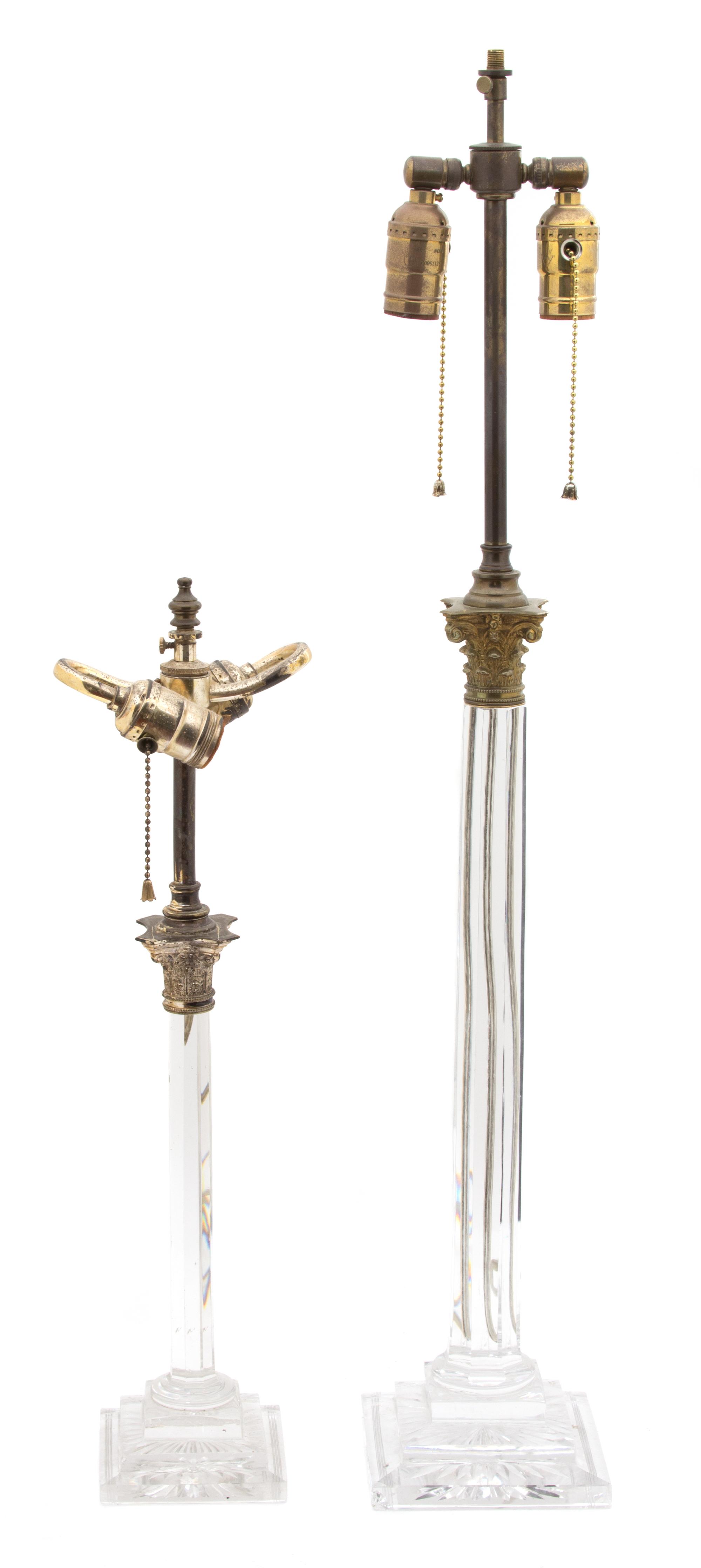 Two Neoclassical Style Gilt Bronze Mounted Glass Columnar Table Lamps Height of taller 32 inches. — 20TH CENTURY