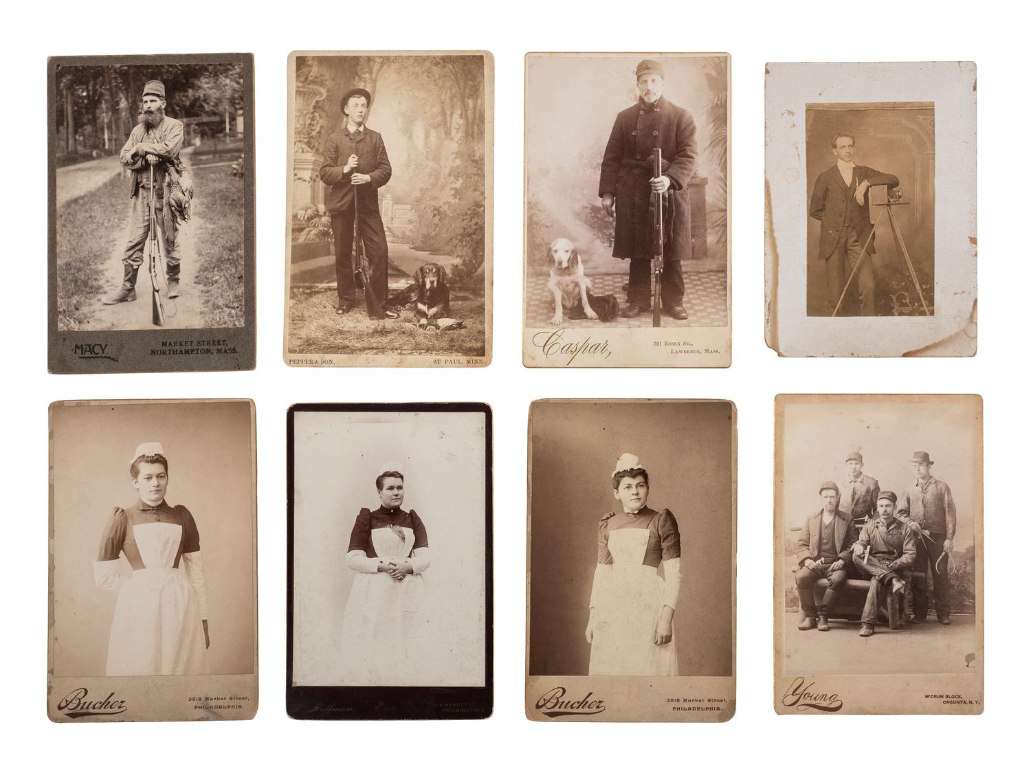 [EARLY PHOTOGRAPHY - OCCUPATIONAL]. A group of photographs of hunters and occupational subjects.