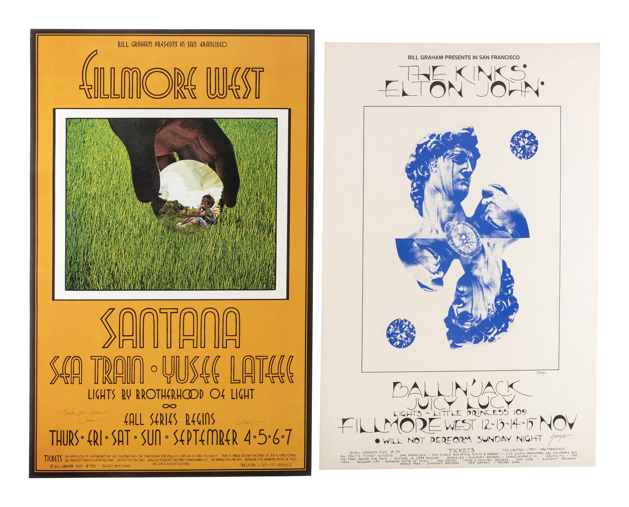 [MUSIC - POSTERS]. SINGER, David, artist. Complete set of 66 SIGNED posters designed for the Fillmore West Ballroom, San Francisco, California. 1969-1971.