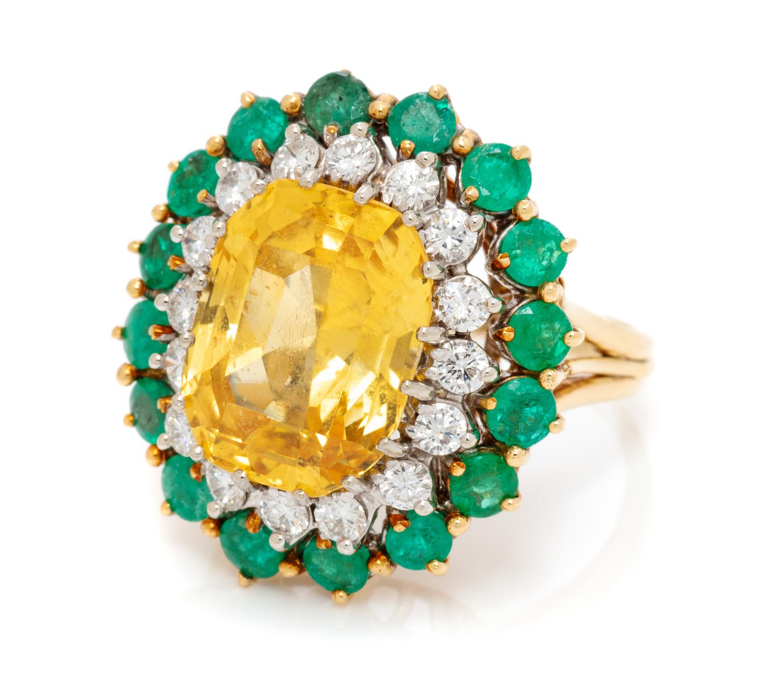 A Bicolor Gold, Yellow Sapphire, Diamond and Emerald Ring, 6.60 dwts.